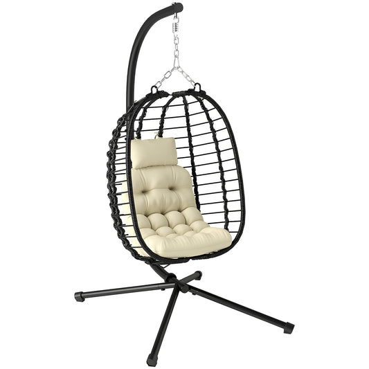 Outsunny Rattan Wiszący Fotel Jajko, Składany Wiklinowy Fotel Huśtawka Hamakowa z Poduszką, Stojak, Regulowana Wysokość, Poduszka Pod Głowę, Stalowa Rama Do Ogrodu Patio Wewnątrz Na Zewnątrz, Kremowo-Biały