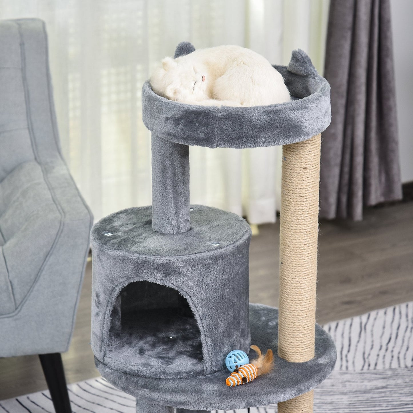 PawHut 3-Tier Deluxe Cat Activity Tree w/ Scratching Posts Ear Perch House Platform Play Ball Plush Fun Toys Exercise Rest Relax Climb Grey