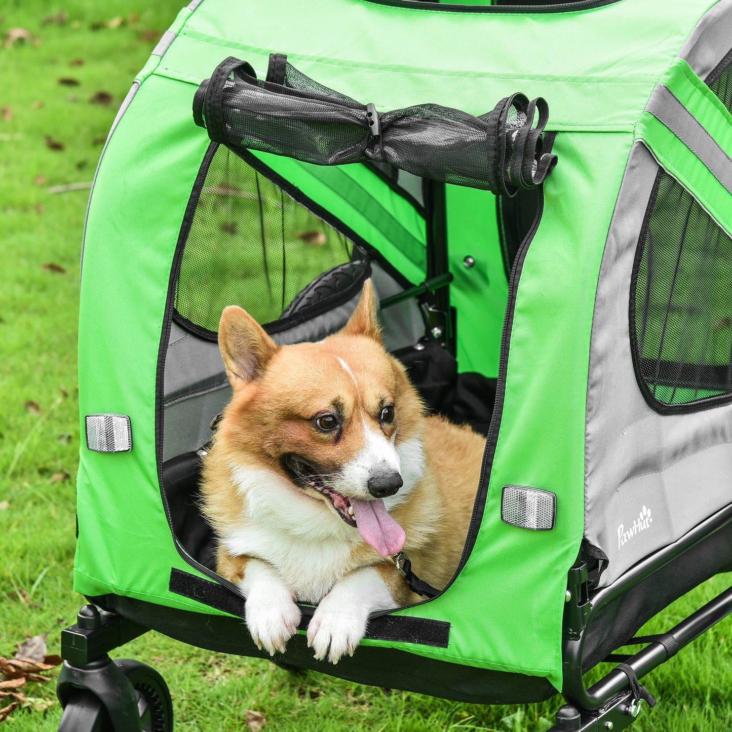 PawHut 2-In-1 Dog Bike Trailer Pet Stroller Pushchair with Universal Wheel Reflector Flag Green