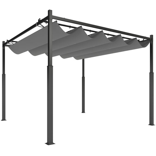 Pergola metalowa Outsunny 3 x 3(m) z rozsuwanym dachem i magnetycznym mocowaniem, zestaw ogrodowy z altaną i markizą przeciwsłoneczną, UPF30+, kolumna metalowa 80 mm, kolor szary