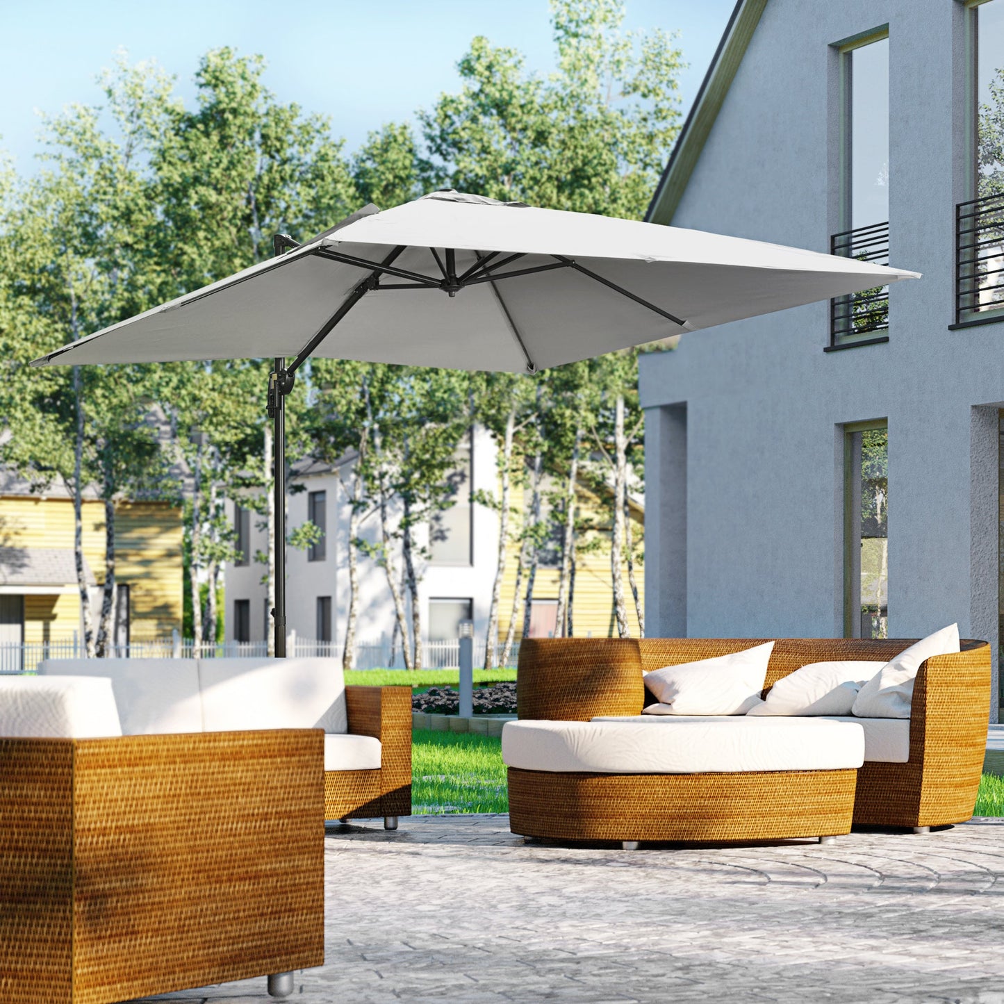 Outsunny 2.7 x 2.7 m Cantilever Parasol, Square Overhanging Umbrella with Cross Base, Crank Handle, Tilt, 360 Rotation and Aluminium Frame, Grey