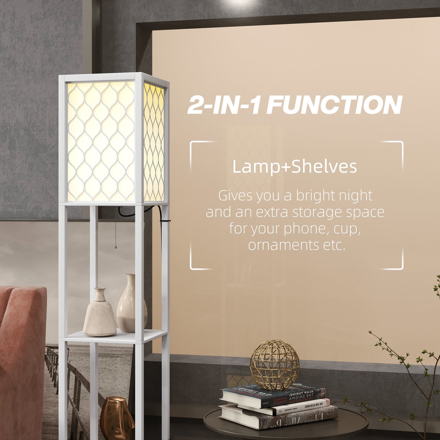 HOMCOM Floor Lamp with Shelves, Dual Light, Modern Tall Standing Lamps, with Pull Chain Switch (Bulb not Included), White