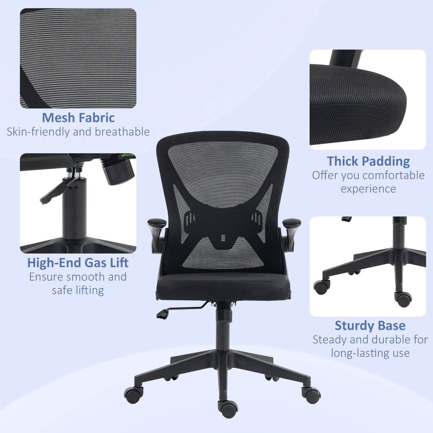 Vinsetto Mesh Office Chair with Flip-up Armrests, Ergonomic Computer Desk Chair with Lumbar Support and Swivel Wheels, Black