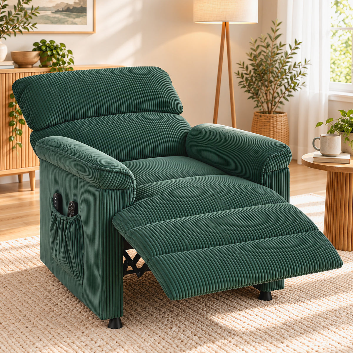 HOMCOM Corduroy Electric Recliner Armchair with Massage and Heat - Green