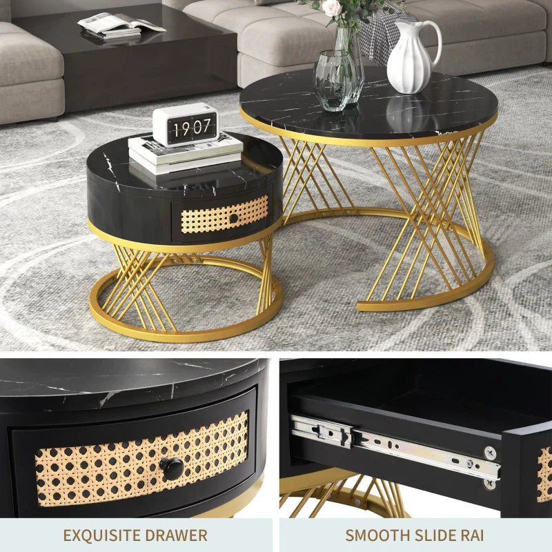 2-in-1 Marble Coffee Table Set with Marble Grain Veneer Top, Rattan Drawers, and Solid Wood Handles, Gold Iron Legs, 70x70x45.5 cm + 50x50x38.5 cm, Black+Gold