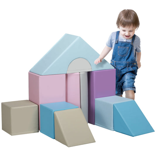 HOMCOM 11 Piece Soft Play Equipment for Toddlers, Soft Play Set Kids Foam Blocks Toys for Climb and Crawl, Blue