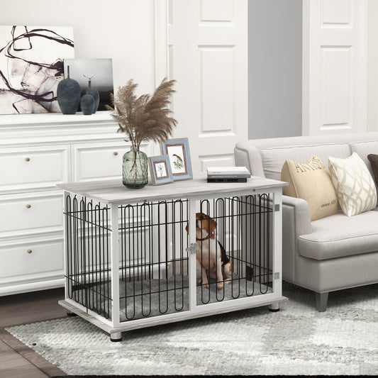 PawHut Indoor Dog Crate Furniture, stolik boczny, z miękką, zmywalną poduszką, zamykane drzwi, dla dużych psów