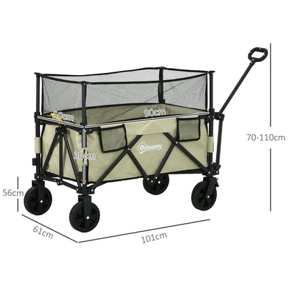 Outsunny Folding Garden Trolley, 180L Wagon Cart with Extendable Side Walls, for Beach, Camping, Festival, Khaki