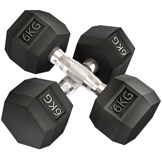 HOMCOM 2x6kg Hex Dumbbells Set Rubber Dumbbells Weight Lifting Equipment Fitness Home Gym