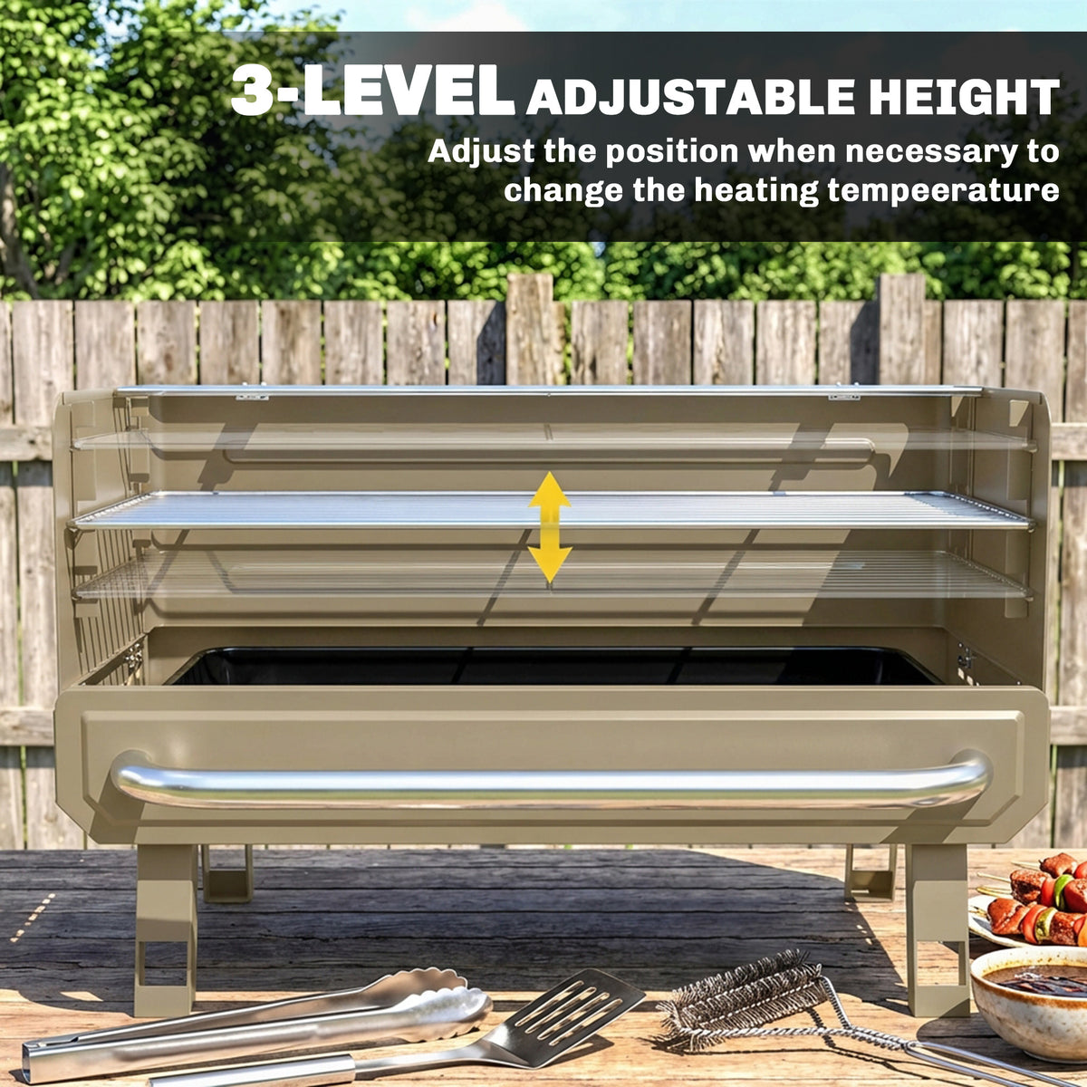 Outsunny Portable BBQ Grill, Charcoal Barbecue Grill with Adjustable Grates, Foldable Legs, Side Shelf for Camping Travel, Khaki