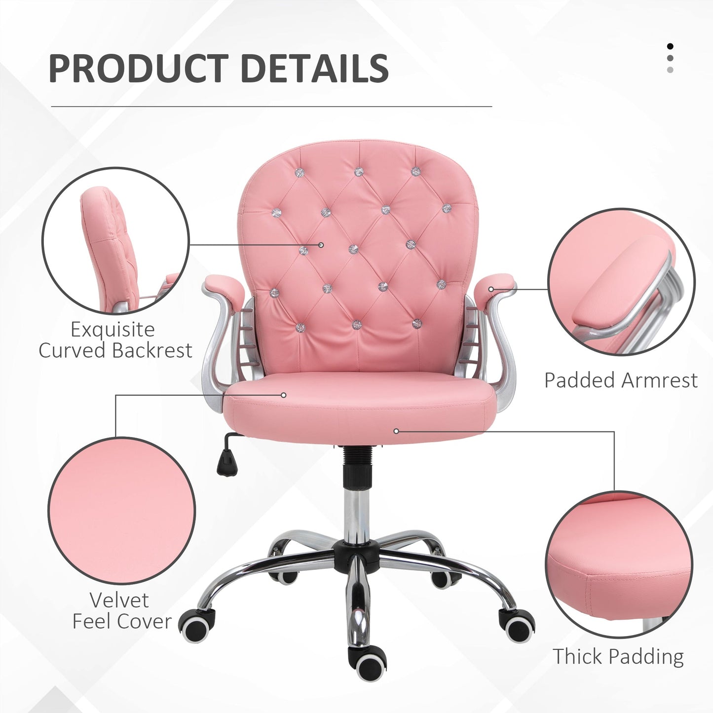 Vinsetto Office Chair Ergonomic 360¡ Swivel PU Diamante Padded Base 5 Castor Wheels for Home Work Pink