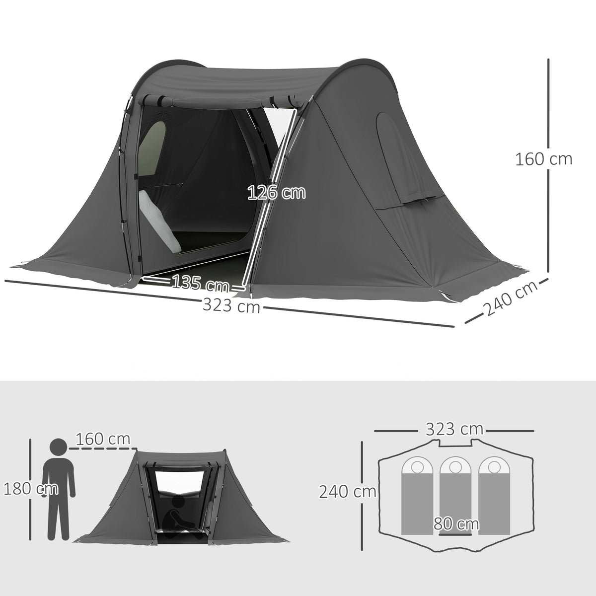 Outsunny 3 Man Camping Tent with Living Area and 2 Bedrooms, 3000mm Waterproof Family Tent with Sewn-in Groundsheet and bag, Portable Dome Shelter for Hiking, Festival, Backpacking, Drak Grey