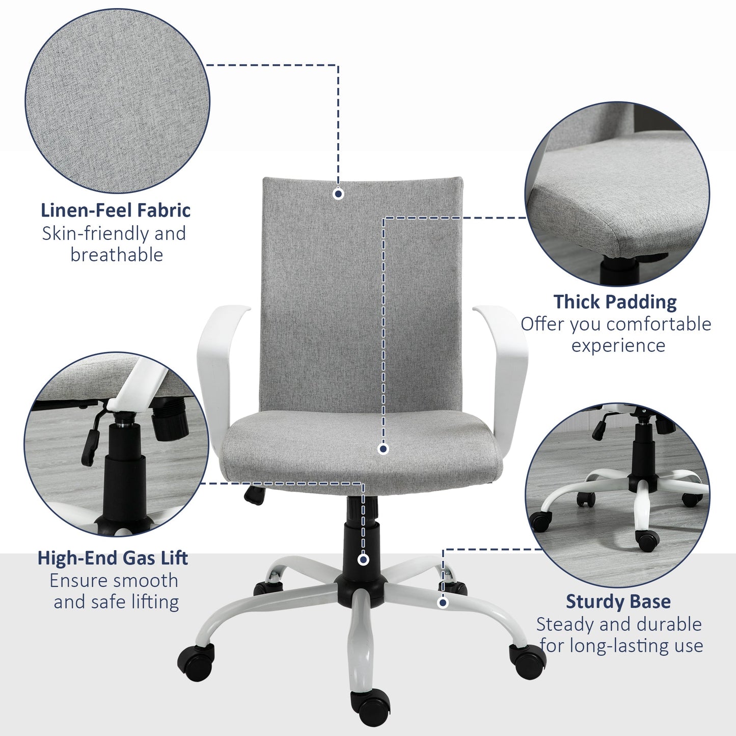 Vinsetto Office Chair Linen Swivel Computer Desk Chair Home Study Task Chair with Wheels, Arm, Adjustable Height, Light Grey