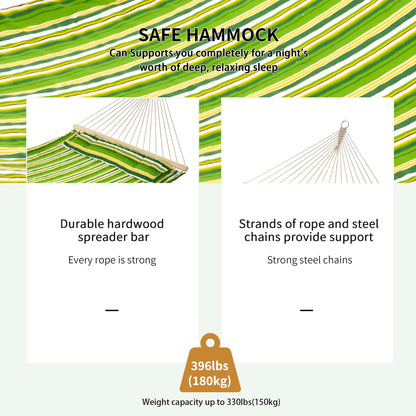 Outsunny Double Cotton Hammock Camping Swing Outdoor Garden Beach Stripe Hanging Bed with Pillow, 188 x 140 cm, 180 KG Capacity, Green