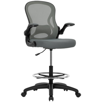 Vinsetto Drafting Chair, Ergonomic Tall Office Chair with Flip-up Armrests, Mesh Back, Lumbar Support, Adjustable Height and Foot Ring, Swivel Wheels, for Standing Desk, Charcoal Grey