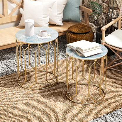 Zestaw 2 stolików bocznych Outsunny Garden Side Table, stoliki wsuwane z blatem z płytek ceramicznych, małe stoliki ogrodowe do użytku wewnątrz i na zewnątrz, wielofunkcyjne stoliki boczne z metalową ramą na patio, balkon, werandę, wielokolorowe