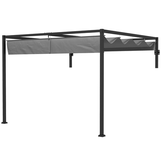 Outsunny 3 x 4m Lean To Pergola، عريشة معدنية مع سقف قابل للسحب للشواية والحديقة والفناء والسطح