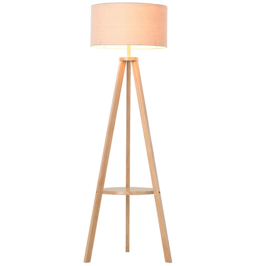 HOMCOM Tripod Floor Lamp, Freestanding Bedside Light Reading Light with Storage Shelf and Linen Shade for Living Room Bedroom, 154cm, Cream