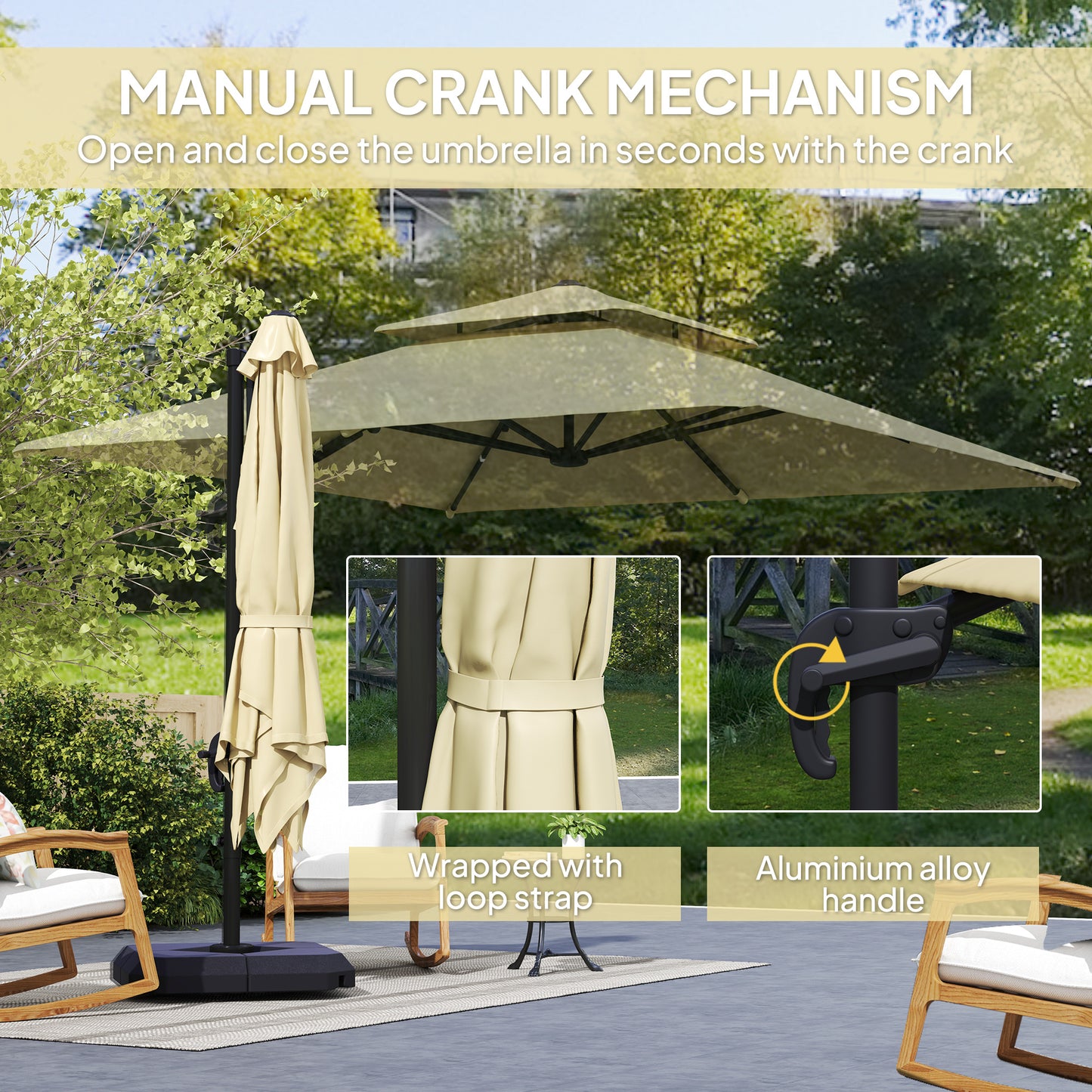 Outsunny 2.7 x 2.7(m) Cantilever Parasol with Aluminium Frame, Crank and Tilt, 360√Ç¬∞ Rotation, Double Top Garden Umbrella with Base and Cover, Khaki