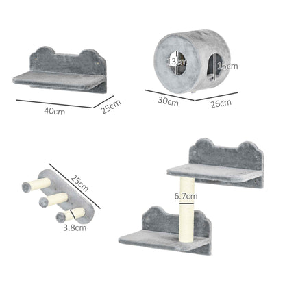 شجرة قطط مثبتة على الحائط من PawHut مكونة من أربع قطع، مع خطوات، مجثم، بيت قطط - رمادي