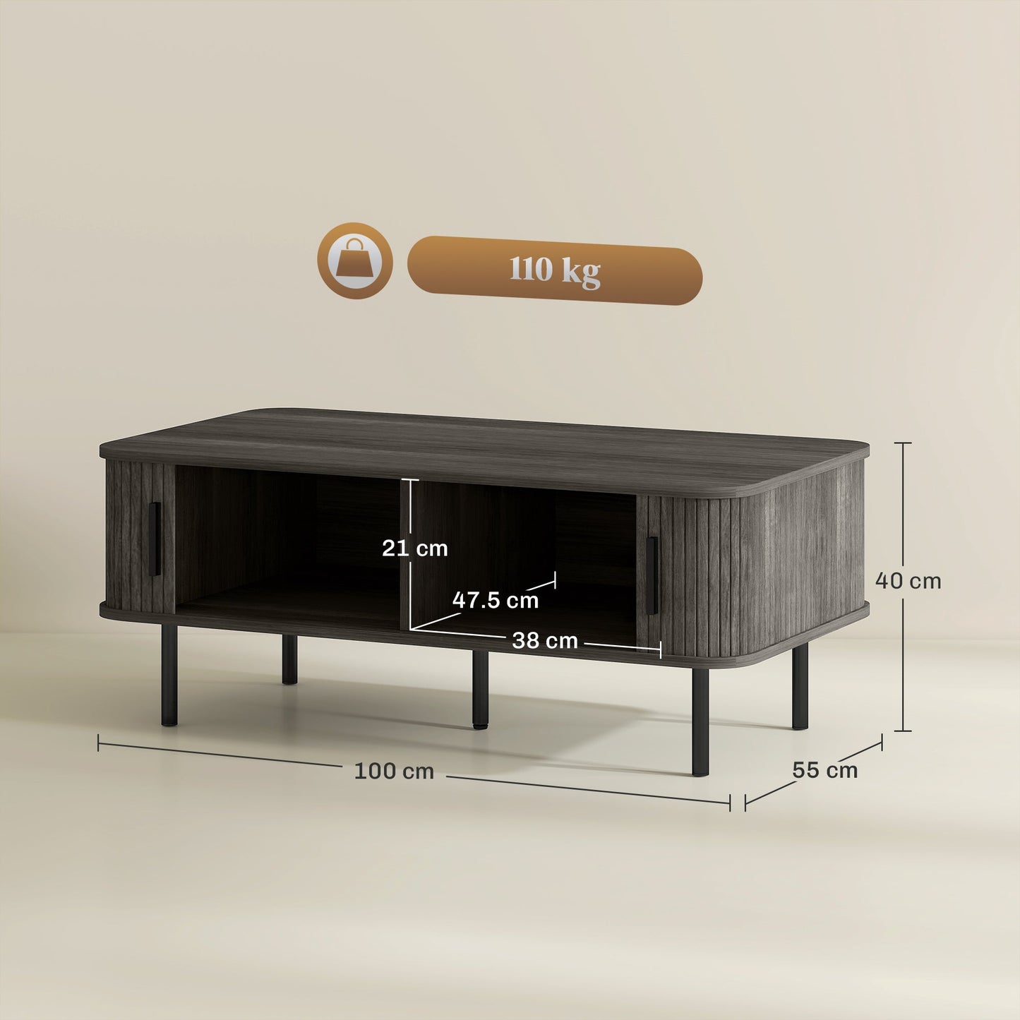 HOMCOM Coffee Table with Storage, Living Room Table with Slatted Tambour Sliding Doors and Foot Pads, Rectangular Coffee Table with Elevated Base for Living Room, Grey Wood-Effect