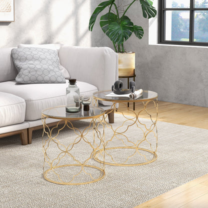 HOMCOM Nesting Tables Set of 2, Modern Stacking Side End Table with Tempered Glass Top, Metal Frame for Living Room Bedroom Office, Gold Tone