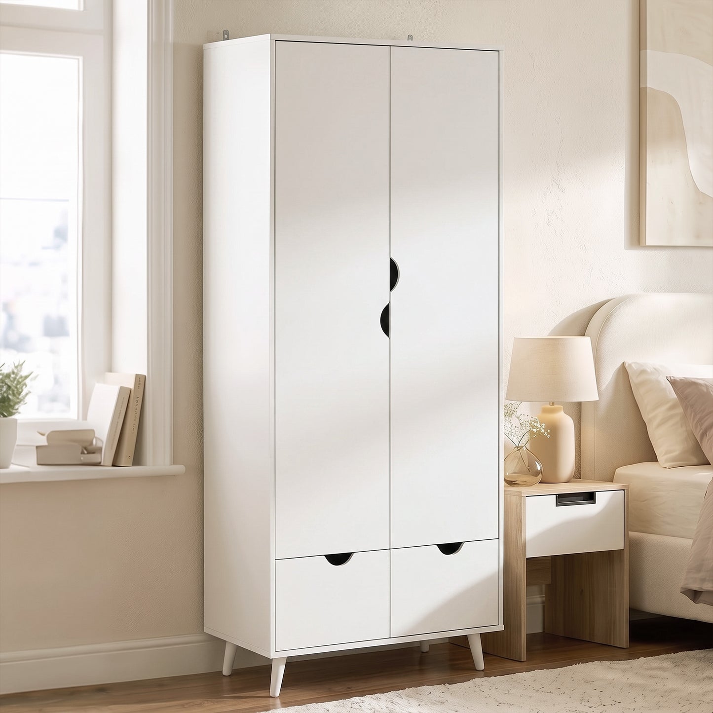 HOMCOM Elegant Home Storage Organisation Furniture, 2-Door Clothes Wardrobe with 2 Drawers, Wood Feet, White