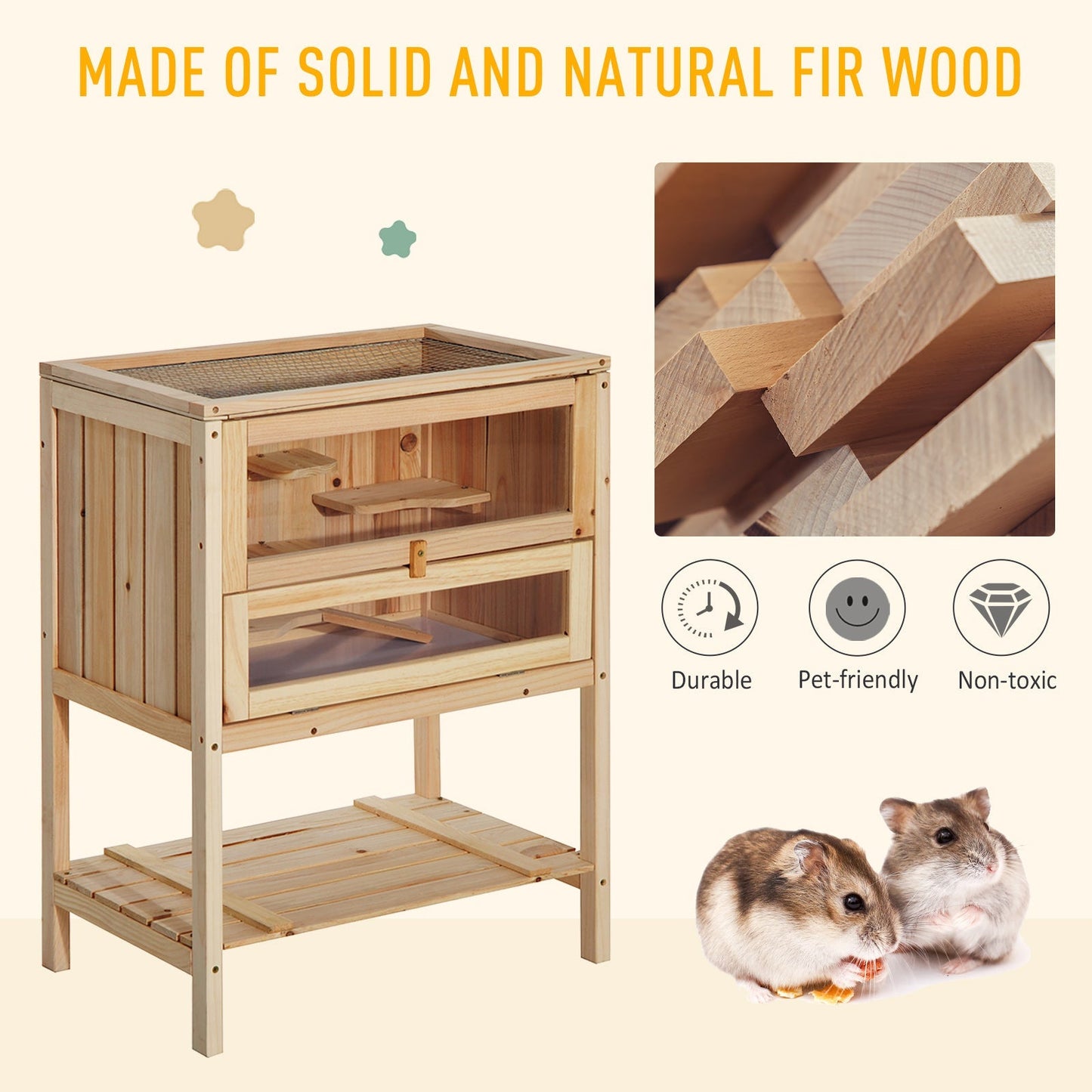 Pawhut 3 Tiers Wooden Hamster Cage Fir Wood Mouse Guinea Rodent Mice House Pet Play Small Animals 60L×40W×80H cm