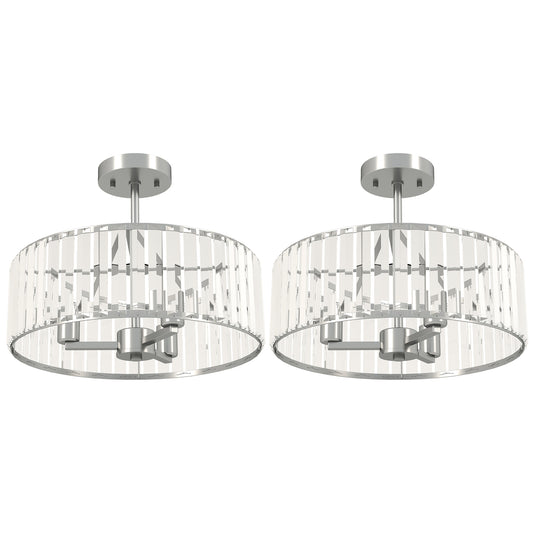HOMCOM Crystal Ceiling Light Fixture Set of 2, Semi Flush Mount Modern Chandelier for Living Room, Bedroom and Hallway, 3-Lights with E14 Base, Silver Tone