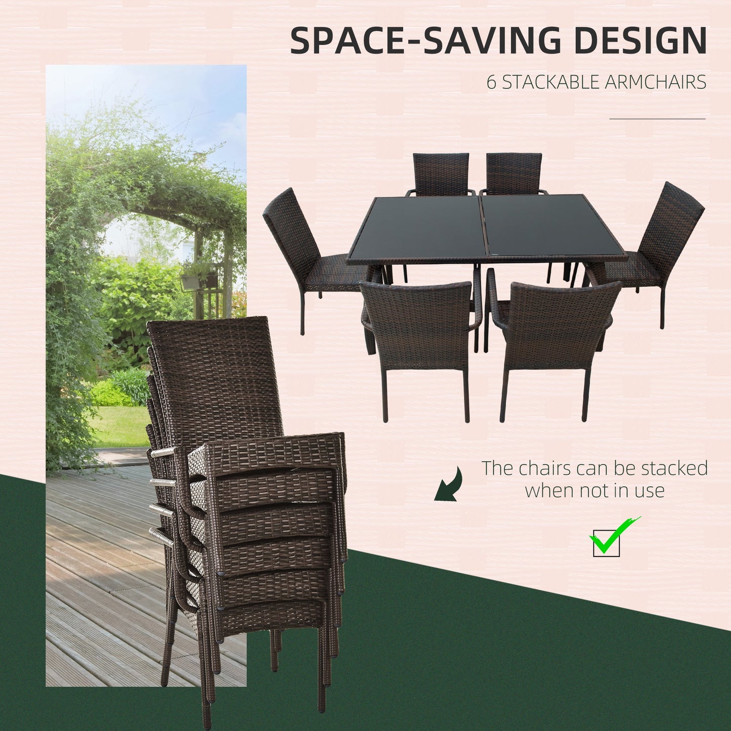 Outsunny 6 Seater Rattan Dining Set with Cushions, Rattan Garden Furniture Set, Outdoor Dining Table and Chairs with 6 Stackable Armchairs, Rectangular Glass Top Table for Patio, Balcony, Brown