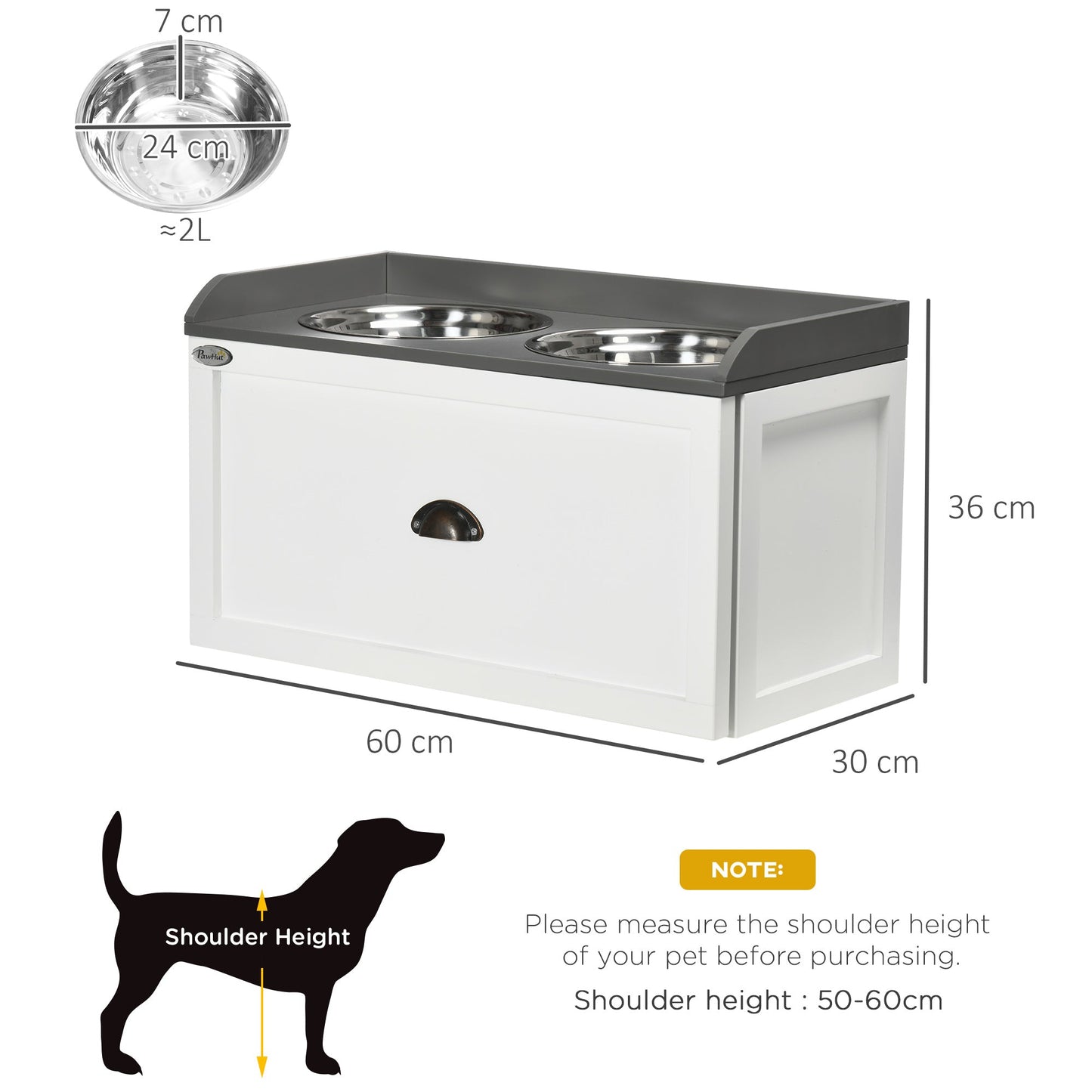 PawHut Stainless Steel Raised Dog Bowls, with 21L Storage Drawer for Large Dogs and Cats - White