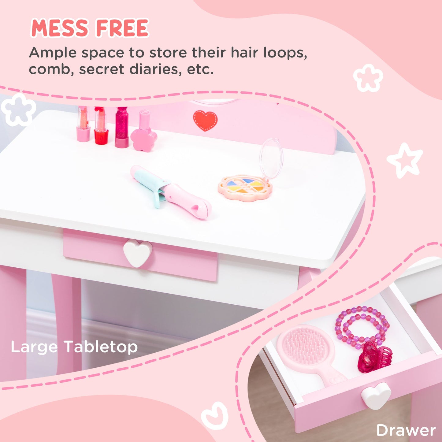 ZONEKIZ 3PCs Kids Bedroom Furniture Set with Bed, Dressing Table and Stool, Princess Themed, for 3-6 Years Old, Pink