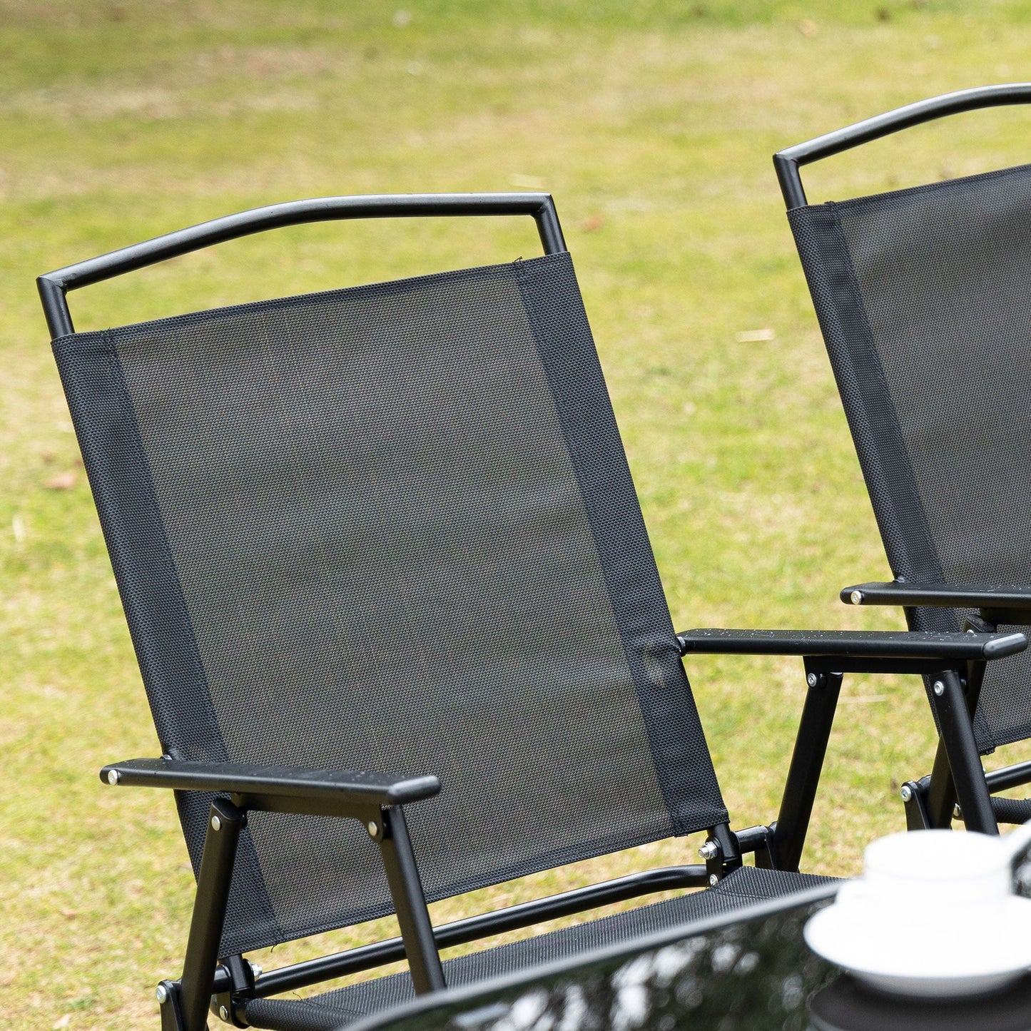 Outsunny Eight-Piece Garden Dining Set, with Chairs, Table and Parasol - Black