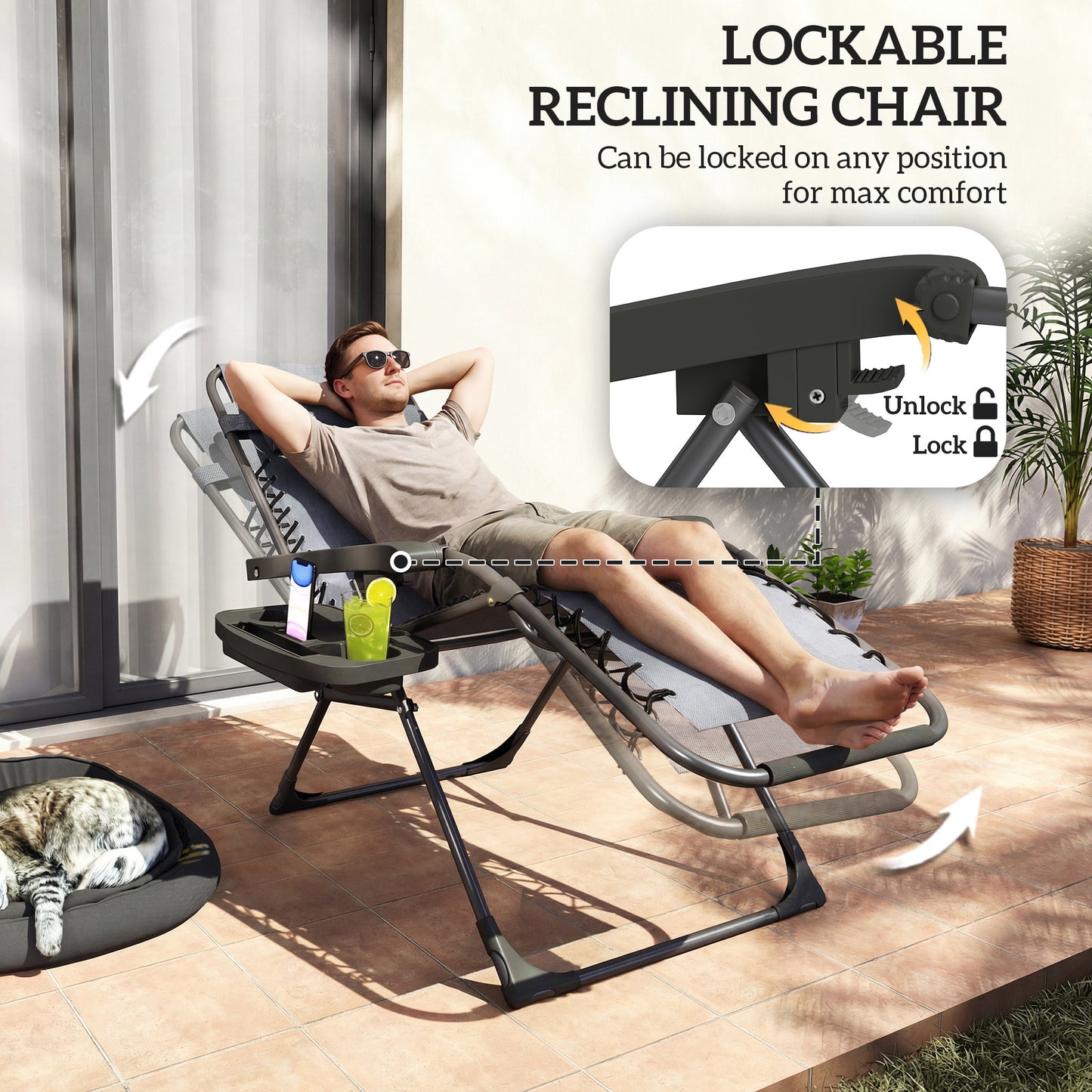Outsunny Zero Gravity Chairs Set of 2, Folding Sunloungers Reclining Garden Chairs with Cup Holder, Headrest, Dark Grey