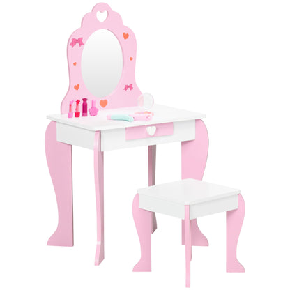 ZONEKIZ Kids Dressing Table Set Kids Vanity Set Girl Makeup Desk with Mirror Stool Drawer Cute Patterns for 3-6 Years Old, Pink