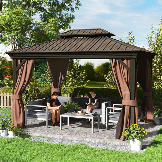 Outsunny 3 x 3,7 m Zewnętrzna altanka Hardtop z aluminiową ramą i dwupoziomowym dachem oraz ścianami bocznymi z siatki na patio, ciemnobrązowa