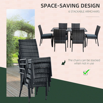 Outsunny 6-Seater Garden Dining Set Steel Frame PE Rattan Wicker w/ 6 Chairs Large Table Glass Top Curved Legs Feet Pads Thick Cushions Suitable Grey