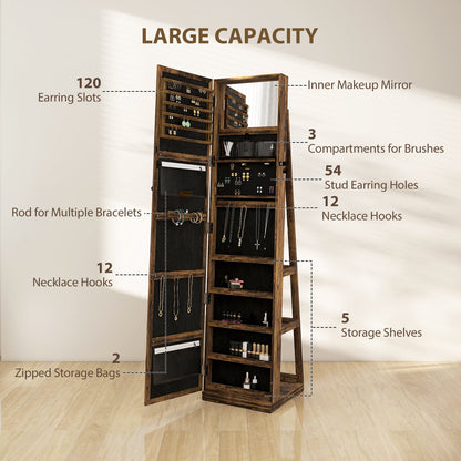 HOMCOM 360  Swivel Jewellery Cabinet, Free Standing Full Length Mirror with Storage, Lockable Jewellery Organiser with Built-in Makeup Mirror and Storage Shelves for Bedroom, Rustic Brown
