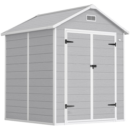 Outsunny 6 x 5ft Garden Shed, plastikowa szopa z podłogą, oknem, zamykanymi drzwiami i otworami wentylacyjnymi, imitacja drewna, szopa narzędziowa z żywicy na patio, jasnoszara