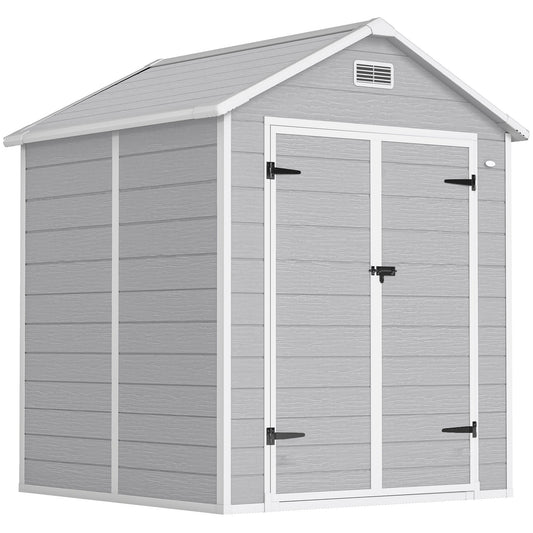 Outsunny 6 x 5ft Garden Shed, plastikowa szopa z podłogą, oknem, zamykanymi drzwiami i otworami wentylacyjnymi, imitacja drewna, szopa narzędziowa z żywicy na patio, jasnoszara