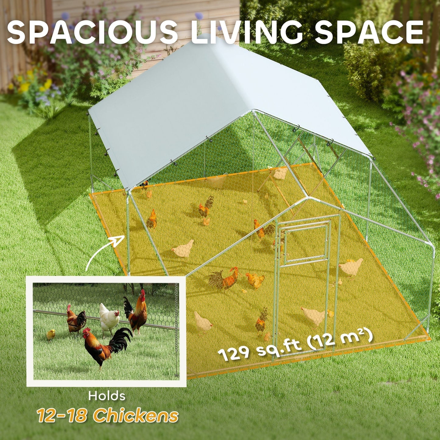 PawHut Walk-in Chicken Run w/ Cover, Feeding Door, Hanging Feeder, Perch, for 12-18 Poultry