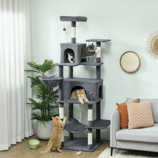 PawHut 202cm Large Cat Tree with 6 Scratching Posts, 2 Hammocks, 2 Condos, 2 Perches, Pompoms, for Indoor Cats to Rest and Play