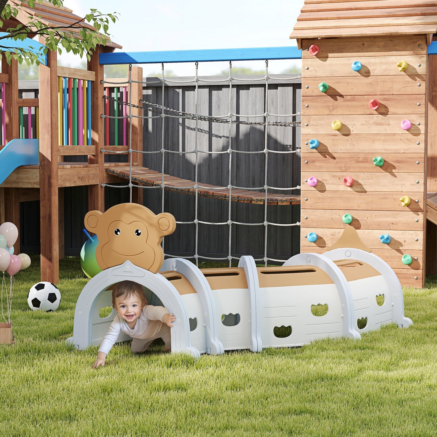 AIYAPLAY Monkey-Design Kids Play Tunnel for Crawling, Climbing, for ages 3-6 Years, Brown