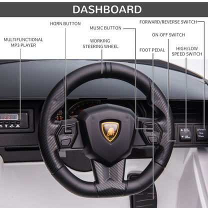 لعبة ركوب كهربائية للأطفال تعمل بالبطارية 12 فولت، لعبة لامبورغيني سيان مع جهاز تحكم عن بعد للأبوين وأضواء MP3 لعمر 3-5 سنوات باللون الأبيض