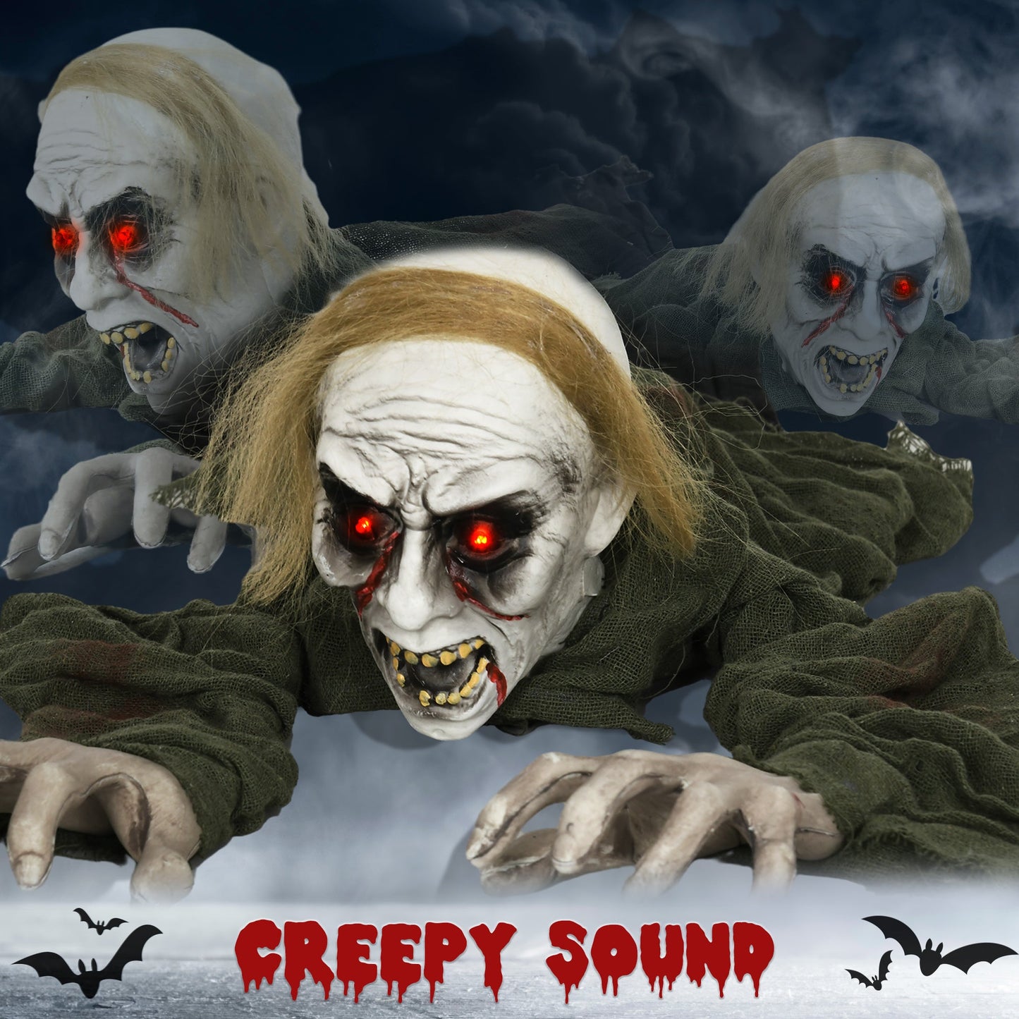 HOMCOM 167 cm Outdoor Halloween Decoration Crawling Zombie, Animated Prop Decor with Sound Activated, Light Up Eyes