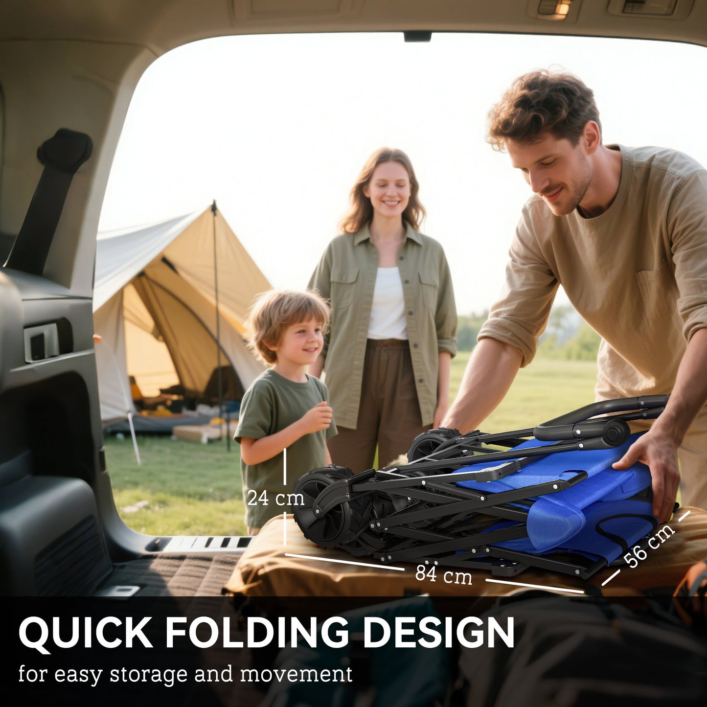 Outsunny Folding Trolley Cart Storage Wagon Beach Trailer 4 Wheels with Handle Overhead Canopy Cart Push Pull for Camping, Blue