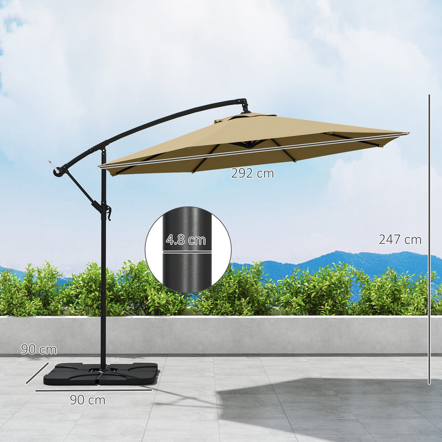 Parasol wiszący Outsunny 3m z podstawą, obciążnikami i pokrowcem - piaskowo-brązowy