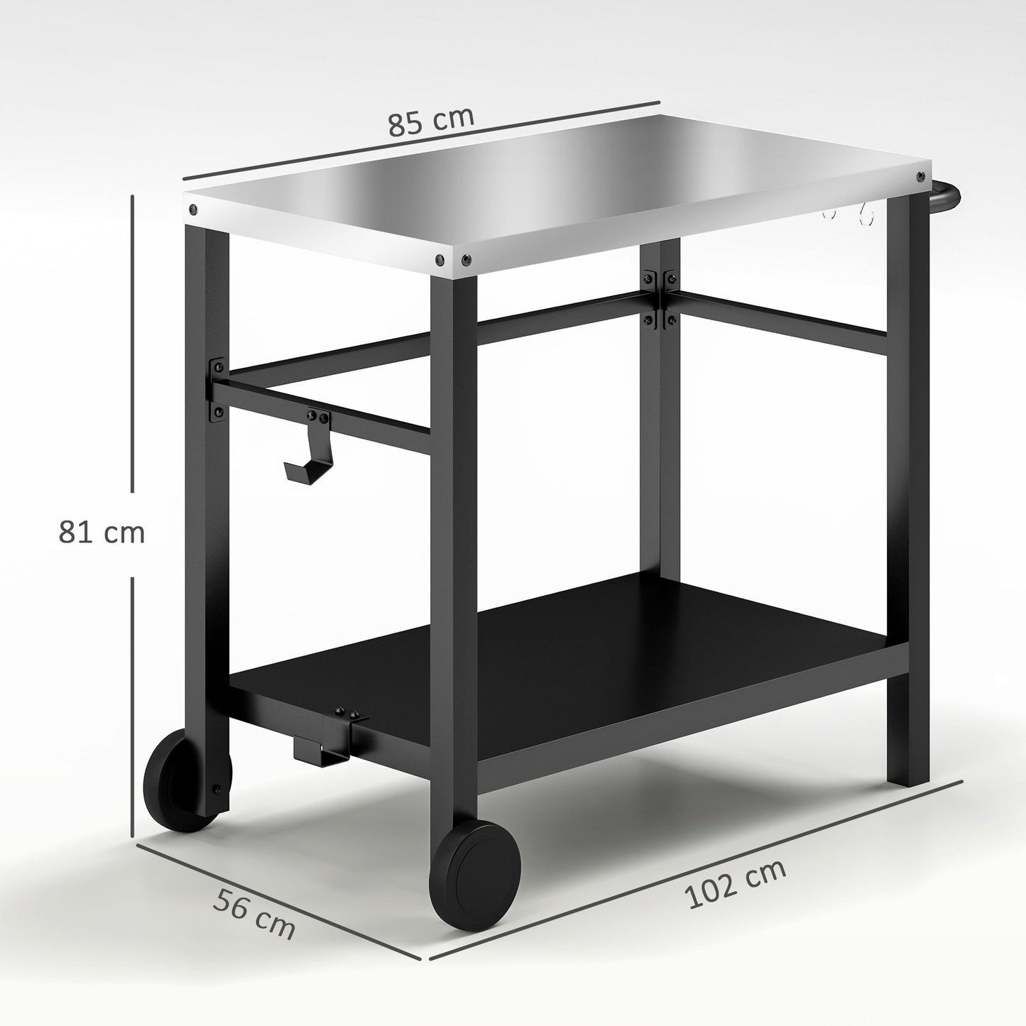 Outsunny Outdoor Grill Dining Cart 2-Shelf Movable Pizza Oven Table Stand with Stainless Steel Top, Portable BBQ Trolley Food Prep Outdoor Kitchen Barbecue Station with Hooks Wheels, Charcoal Grey