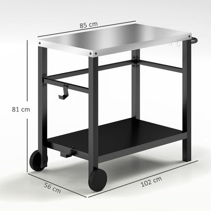 Outsunny Outdoor Grill Dining Cart 2-Shelf Movable Pizza Oven Table Stand with Stainless Steel Top, Portable BBQ Trolley Food Prep Outdoor Kitchen Barbecue Station with Hooks Wheels, Charcoal Grey