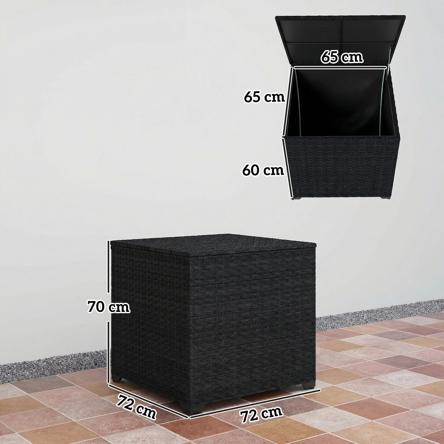 Outsunny 253L Garden Storage Box, Rattan Deck Box with Zipped Liner, Safe Pneumatic Rod, Patio Storage Container, Black